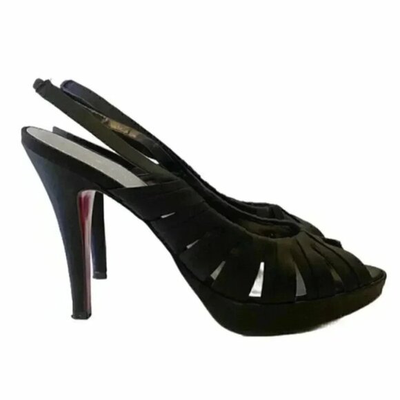 Le Chateau High Heel Slingback Sandals Black Satin Cut Out Peep Toe Size 7 - Picture 13 of 13